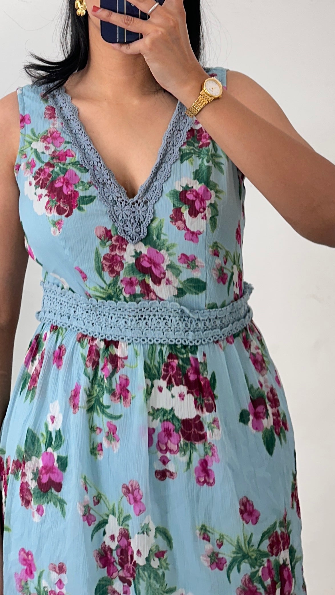 Blue Floral Floor Length Dress