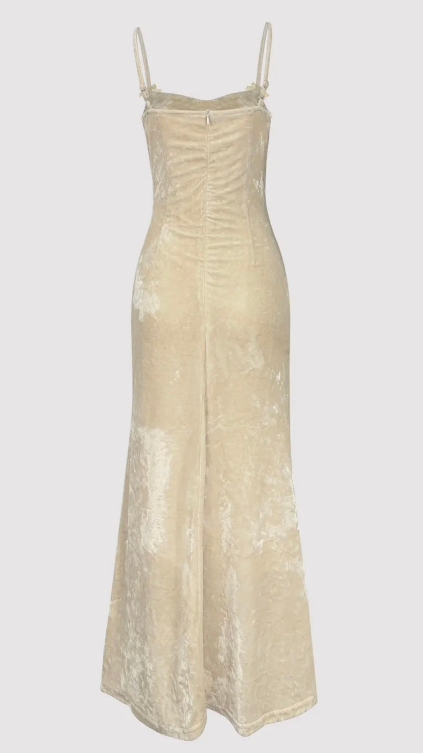 Velvet Beige Bow Dress