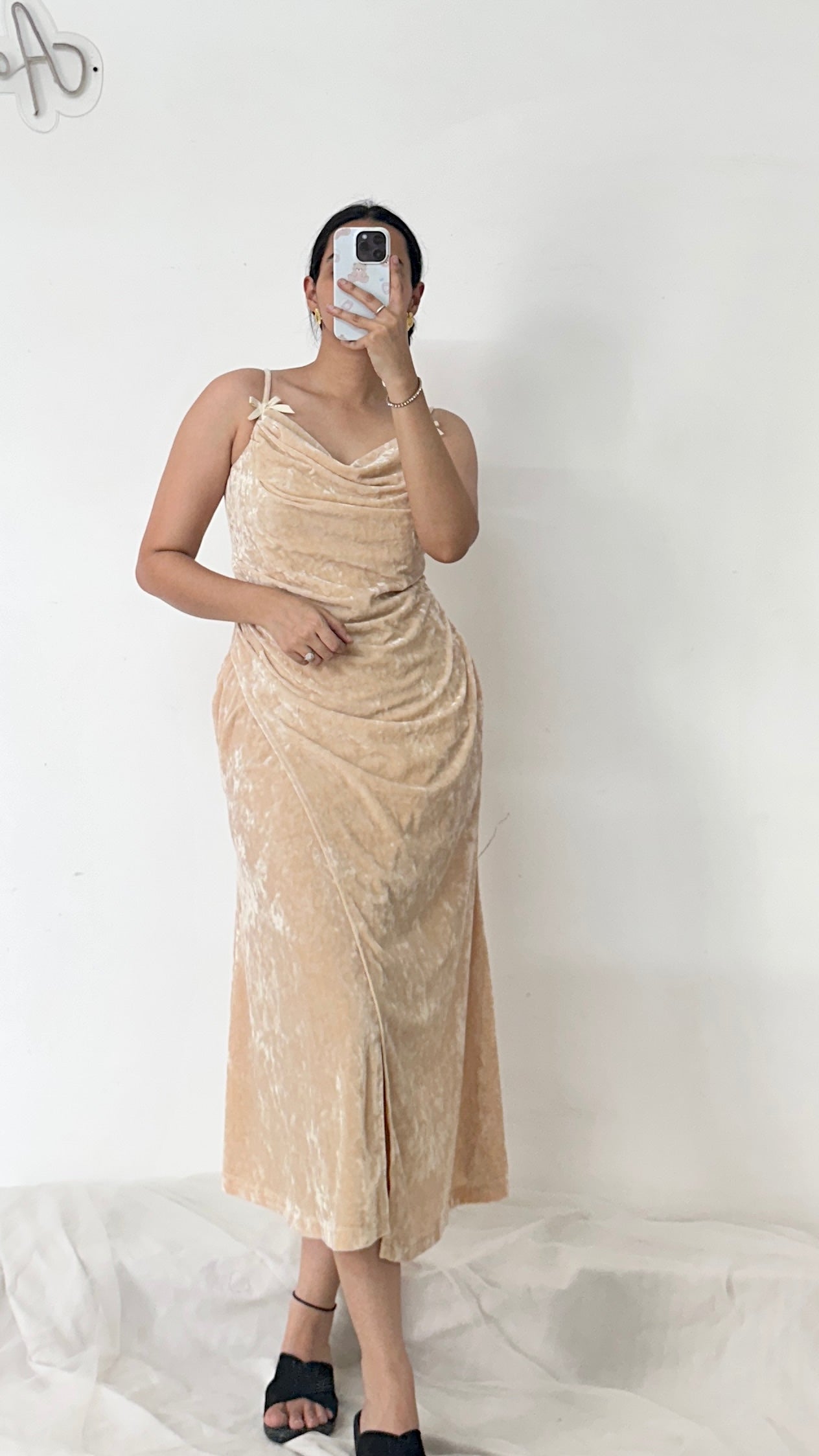 Velvet Beige Bow Dress
