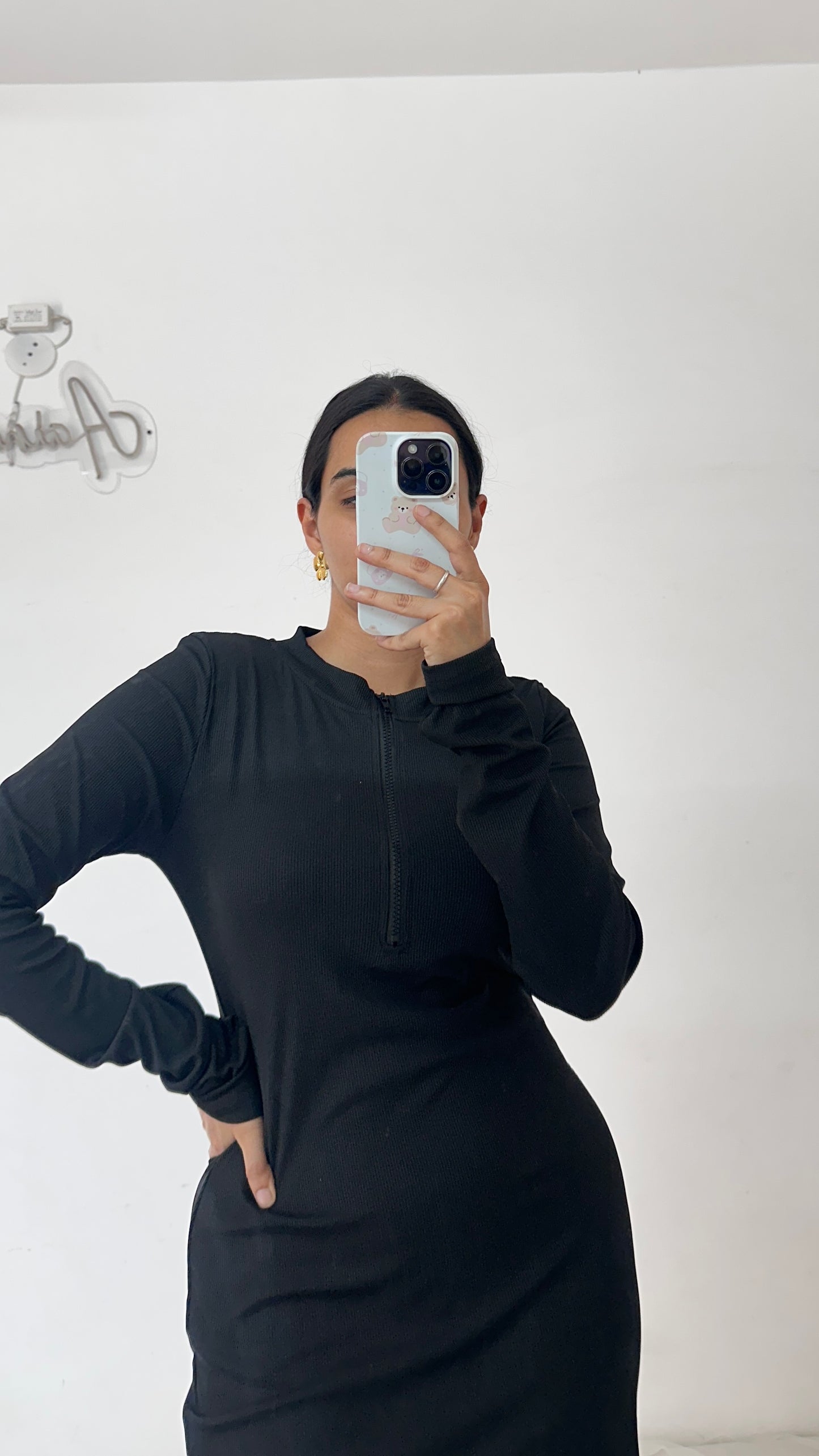 Black Ribbed Zipper Dress