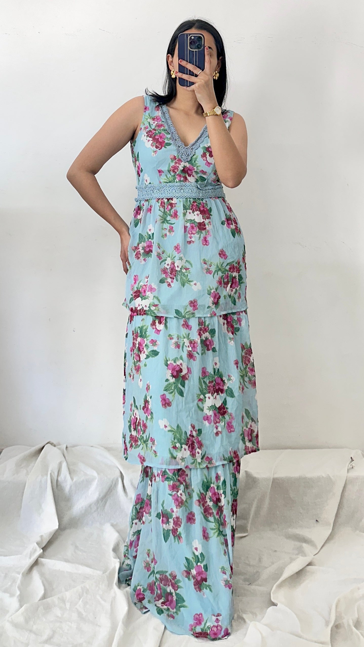 Blue Floral Floor Length Dress