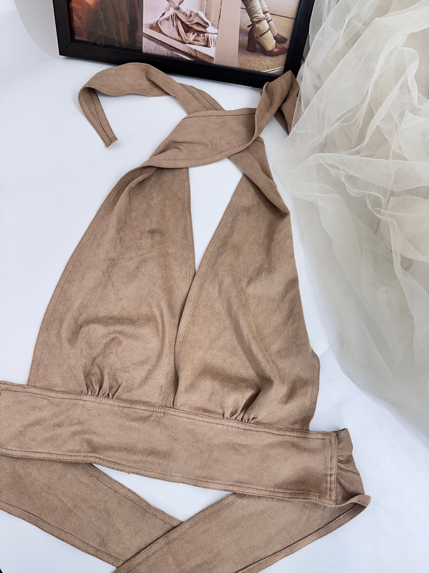 Backless halter tie up top