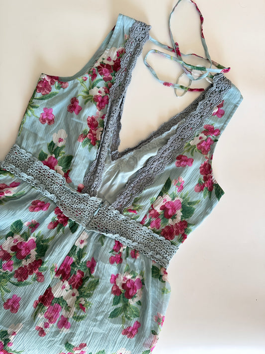 Blue Floral Floor Length Dress