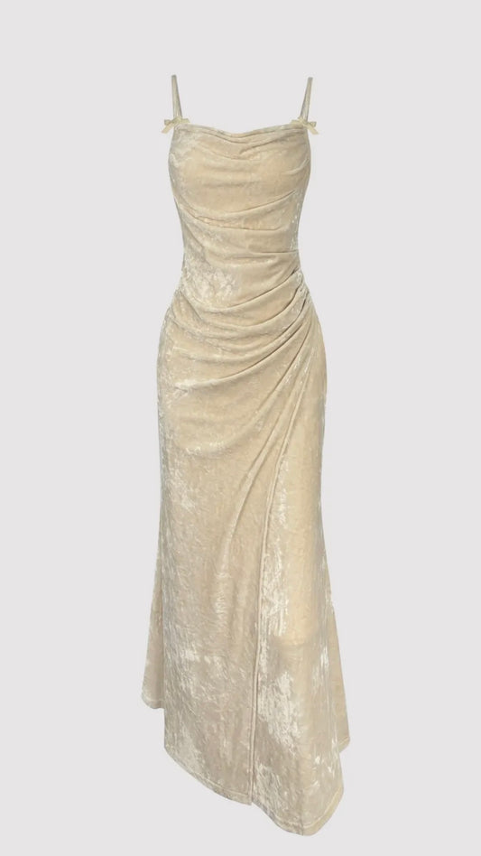 Velvet Beige Bow Dress
