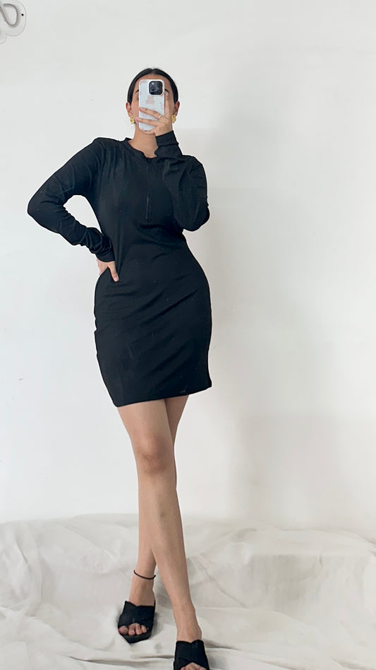 Black Ribbed Zipper Dress